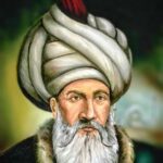A digital image depicting the architect Sinan in traditional Ottoman attire, with an ornate turban and red feather, against a blurred background that evokes a historical atmosphere.
