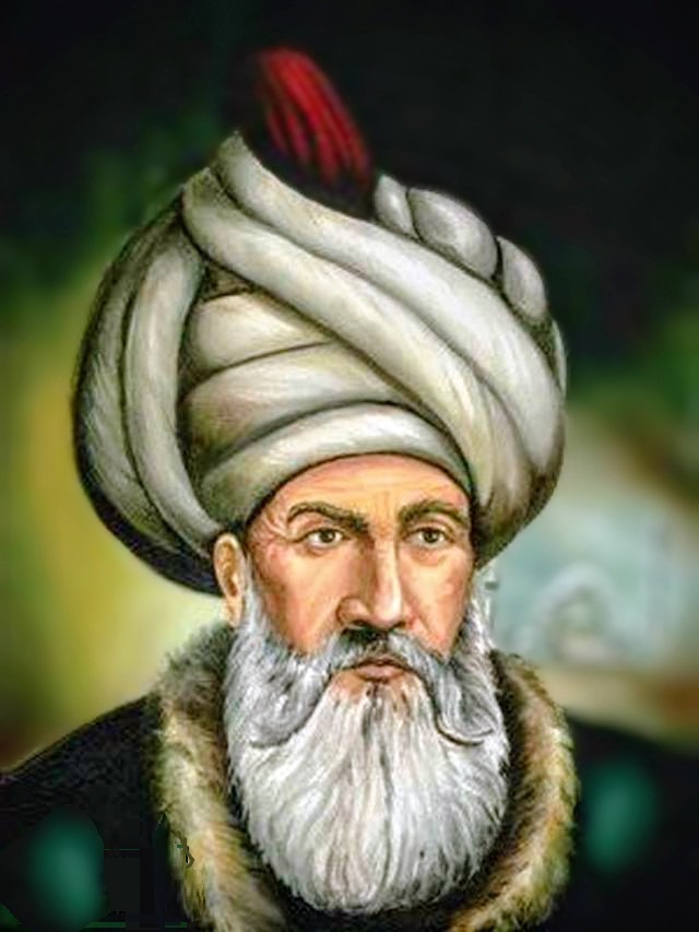 A digital image depicting the architect Sinan in traditional Ottoman attire, with an ornate turban and red feather, against a blurred background that evokes a historical atmosphere.