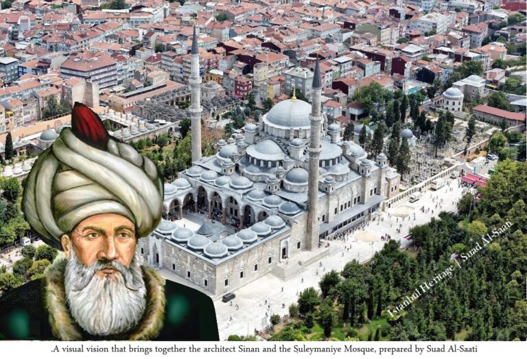 A picture that combines the architect Sinan and the Suleymaniye Mosque in Istanbul, in a visual integration that highlights his architectural legacy.