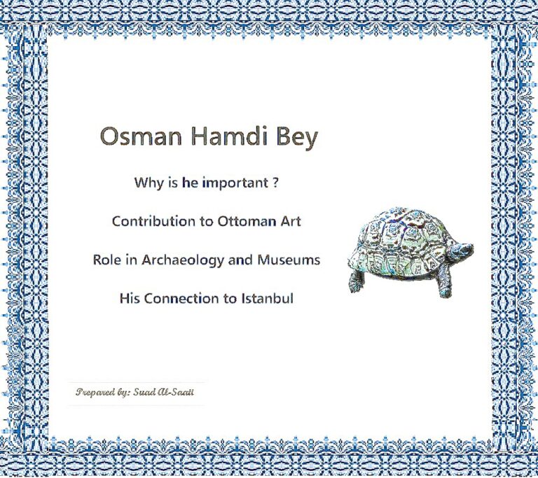 “Osman Hamdi Bey portrait with decorative frame and key points about his artistic and archaeological contributions.”