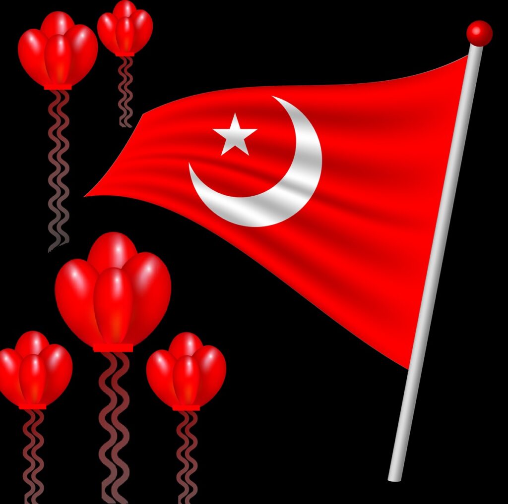 The Turkish flag is flying in red with a white crescent and star.